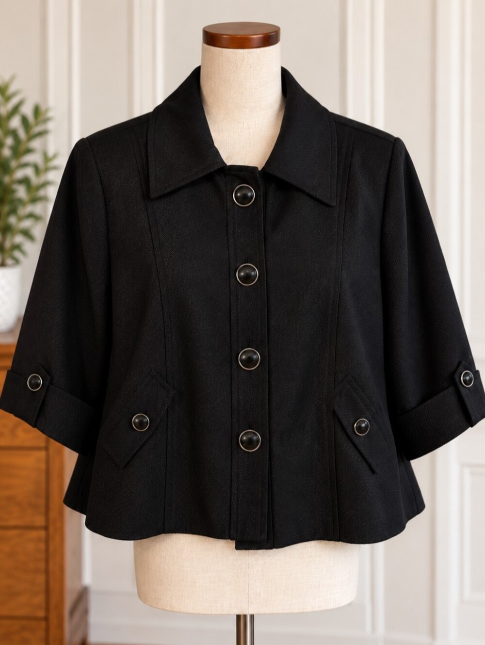 Nygård Collection Black Cropped Jacket Size 16 Button Front